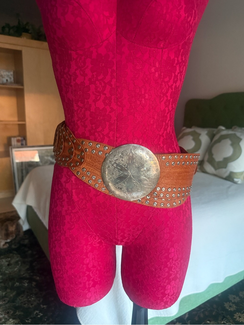 Wide Tan Leather Belt with Silver Studs